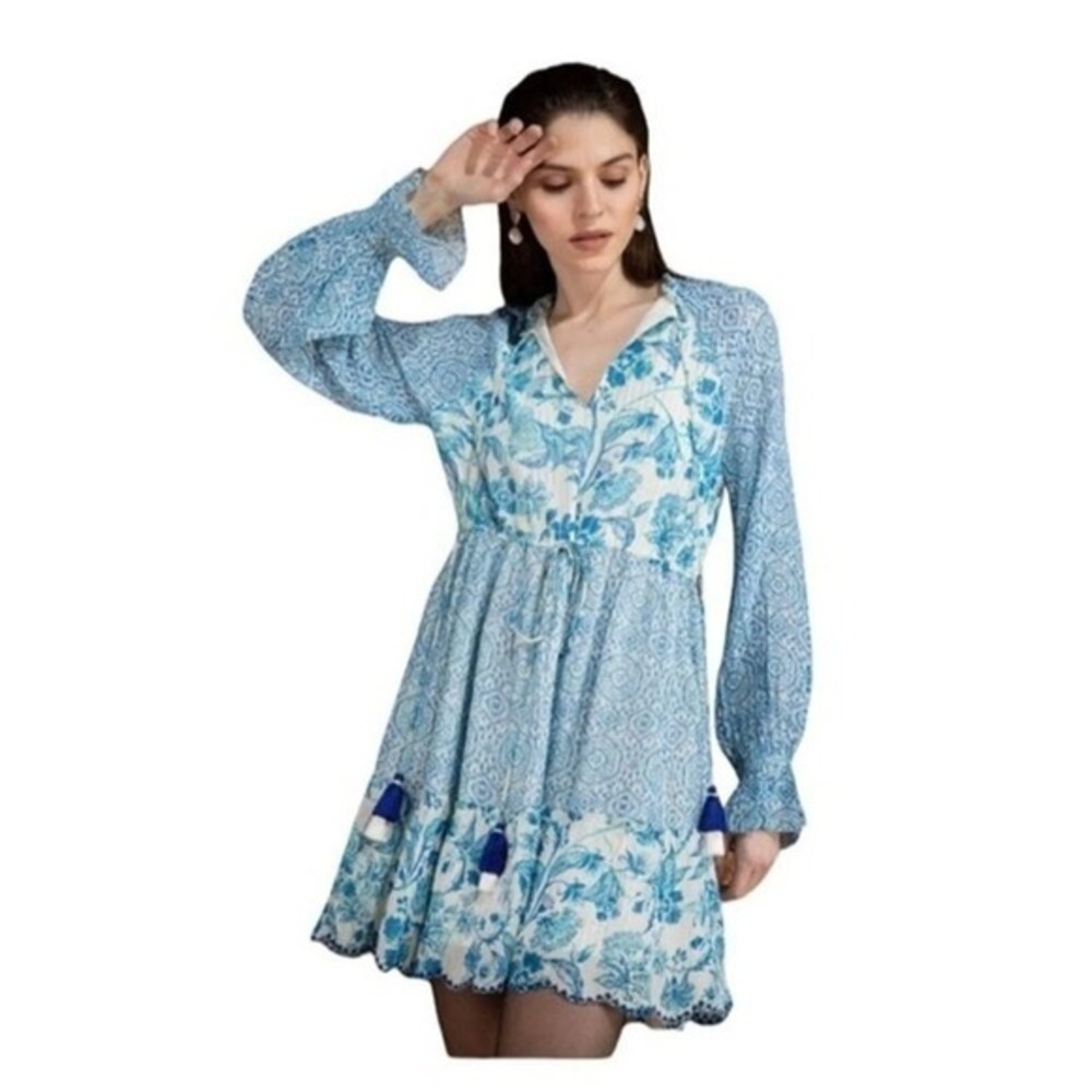 House of Harlow 1960 Blue White Floral Tassel Tiered‎ Mini Dress M
